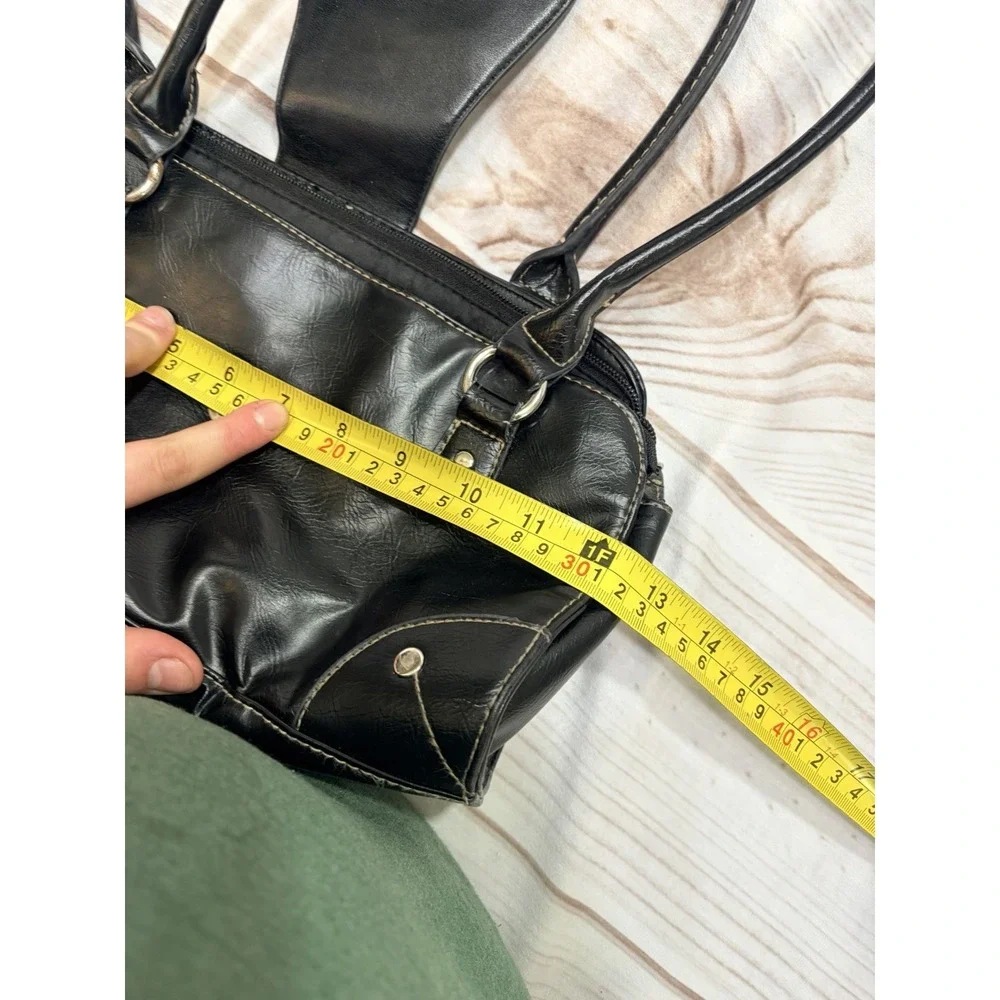 Vintage Y2K Black Faux Leather Bowling Bag Satchel Silver Hardware 2000s